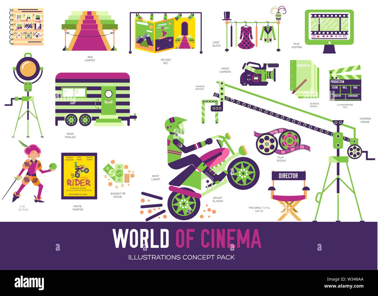 Série de télévision cinéma icônes colorées isolé sur fond blanc. La préparation du film, la production et l'édition. La vie d'acteurs des éléments de vecteur pour l'infograph Illustration de Vecteur