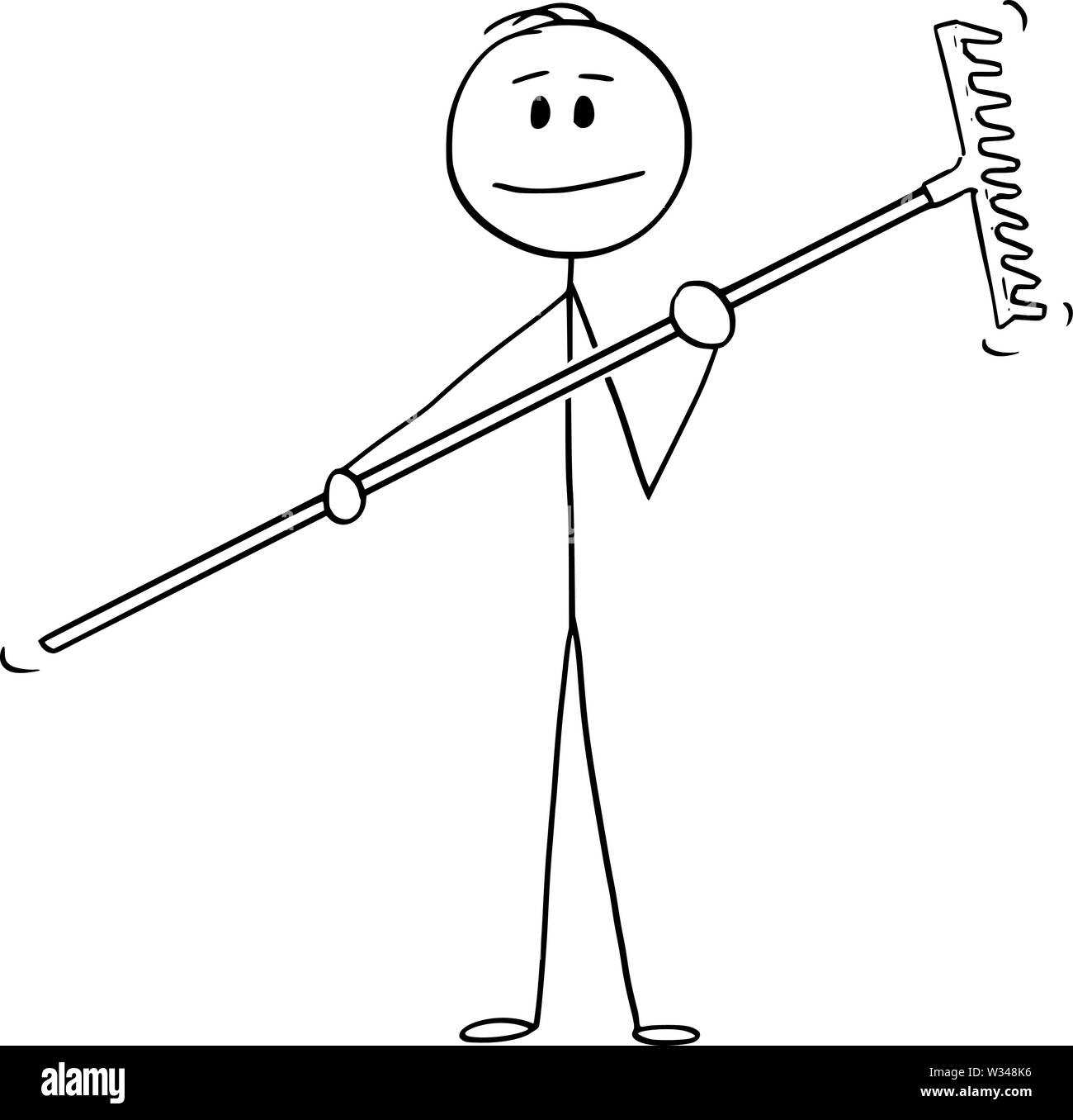 Vector cartoon stick figure dessin illustration conceptuelle de l'homme ou de l'agriculteur ou jardinier holding rake. Illustration de Vecteur