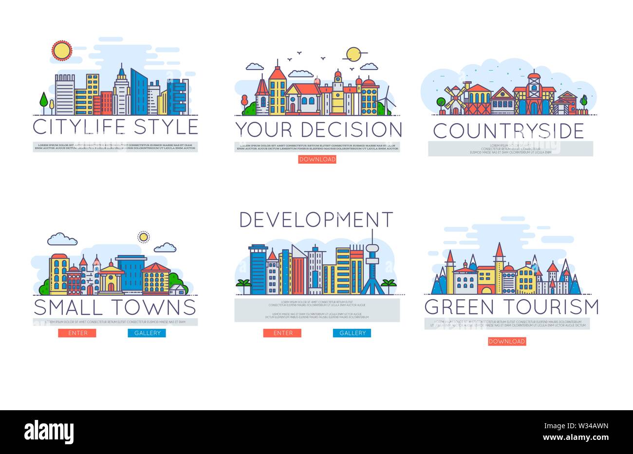 Ensemble de bannières vecteur horizontal avec la couleur de paysages urbains pour les touristes, le développement, les voyages, les projets de construction. La ville de Nice, ville, vue sur la campagne avec des maisons, des chalets, des arbres, gratte-ciel, monument. Illustration de Vecteur