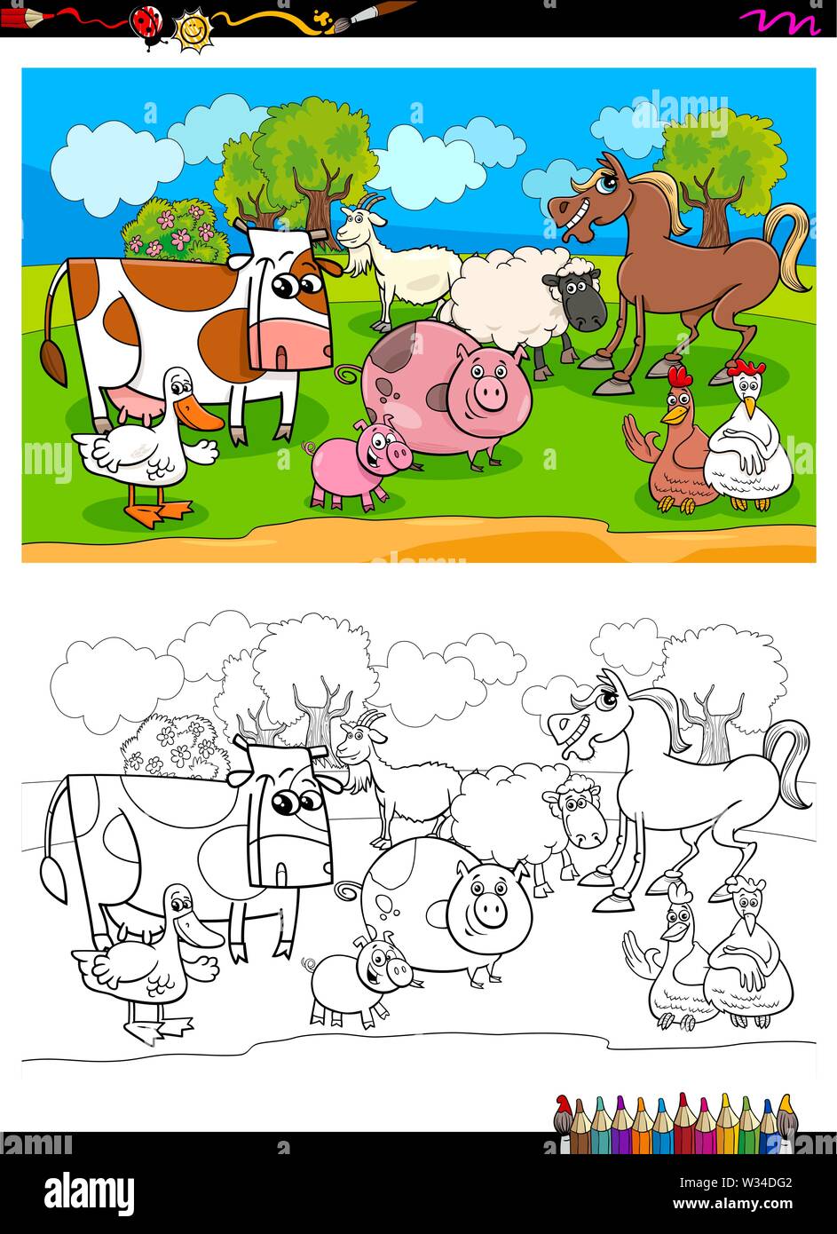 Cartoon Illustration de personnages animaux rigolos de la ferme l'activité de coloriage Illustration de Vecteur