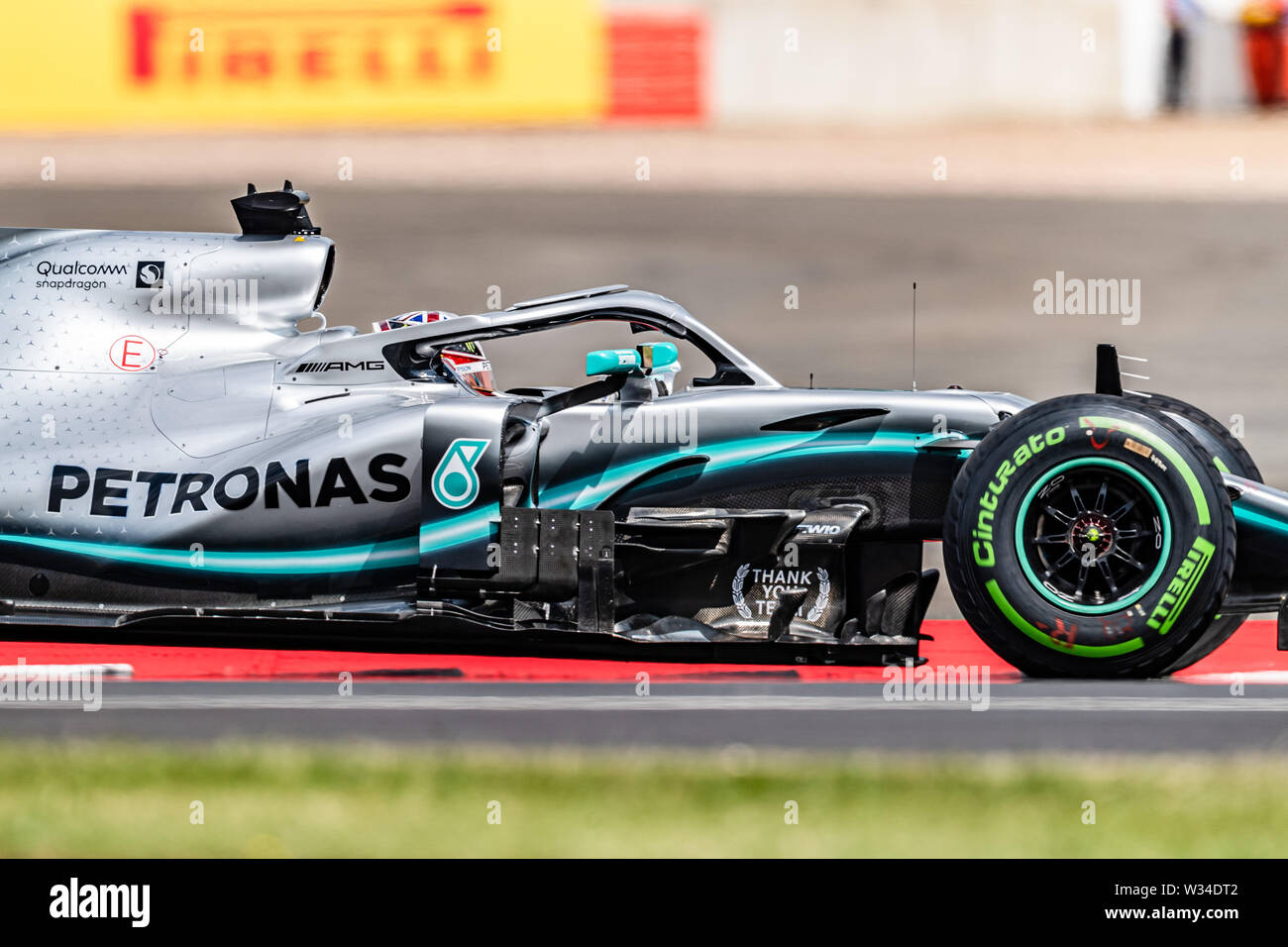 TOWCESTER, Royaume-Uni. 7Th Jul 2019. Lewis Hamilton de Mercedes en Formule  1 au cours de la pratique 1 Rolex Grand Prix de Grande-Bretagne 2019 à  Silverstone Circuit sur Vendredi 12 juillet 2019