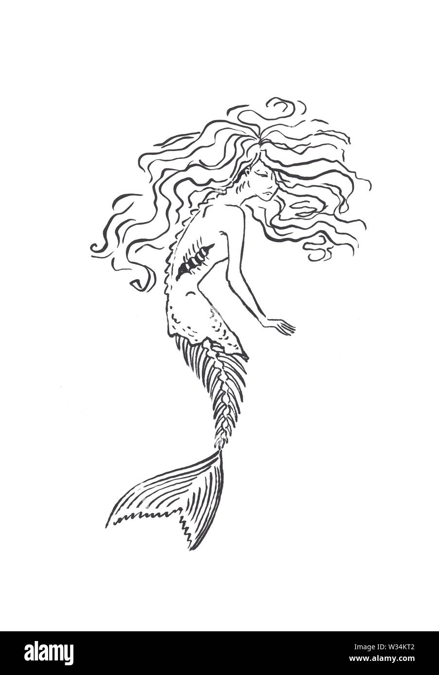 Dessin Sirene Noir Et Blanc Coloriage Sirène Banque d'image et photos - Alamy