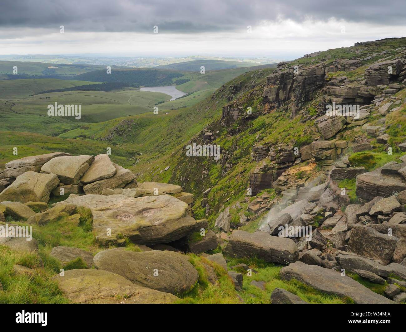 Kinder chute donnant sur le réservoir avec du vent qui souffle dans l'air, cascade Peak District, UK Banque D'Images