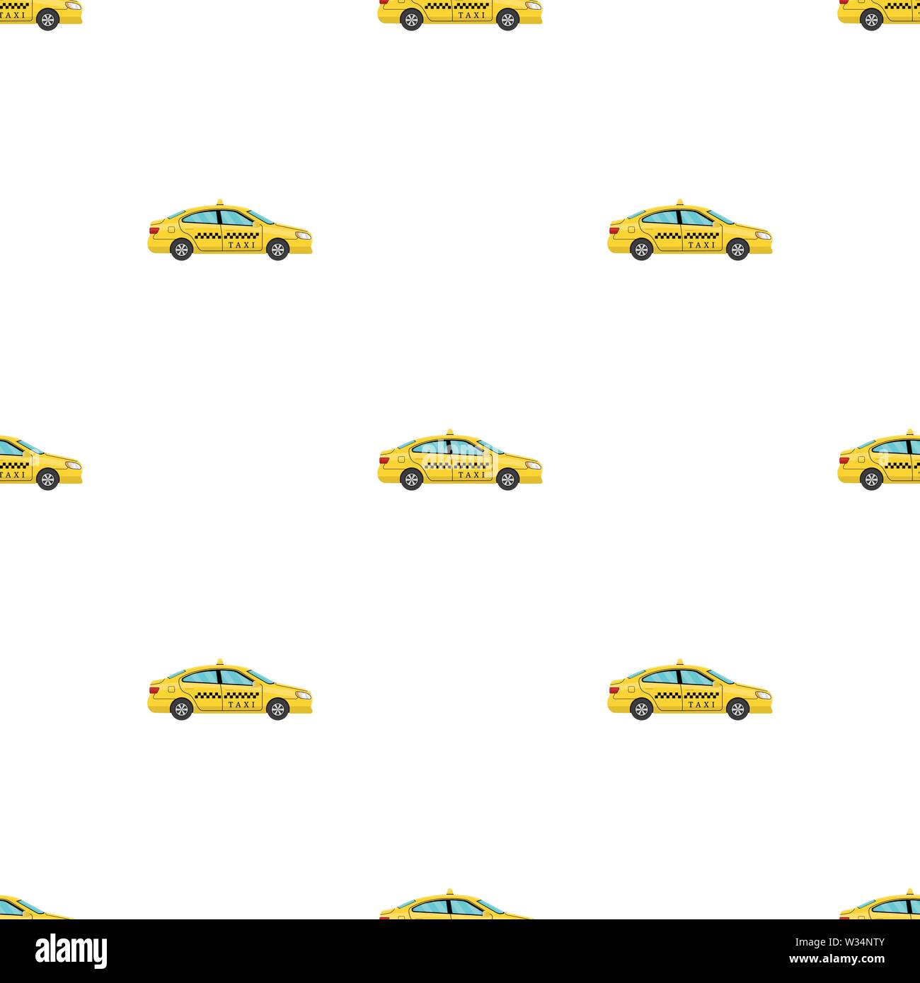 Modèle sans couture avec voiture taxi en style cartoon. Vue de côté. Taxi Cab voiture jaune sur fond blanc. Vector illustration pour design, web, wrappin Illustration de Vecteur