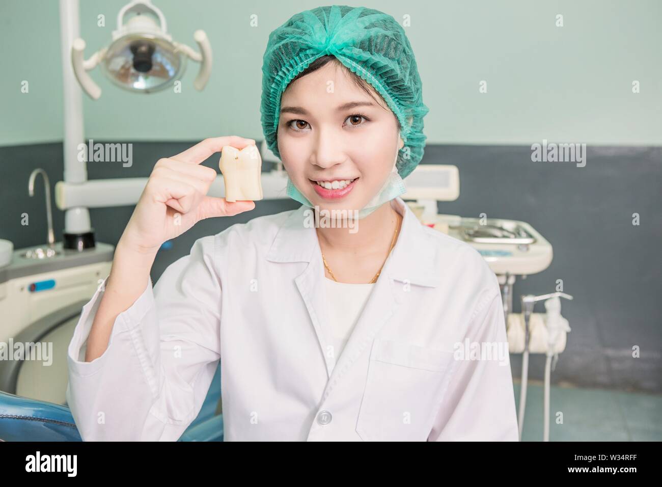 Femme dentiste avec le modèle de dents. Clinique de soins dentaires. Banque D'Images