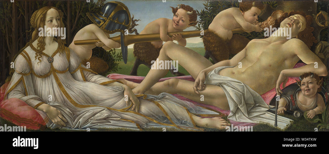 Vénus et Mars (vers 1485) par Sandro Botticelli (Alessandro di Mariano di Vanni Filipepi) image de haute qualité de cette peinture italienne de la Renaissance Banque D'Images