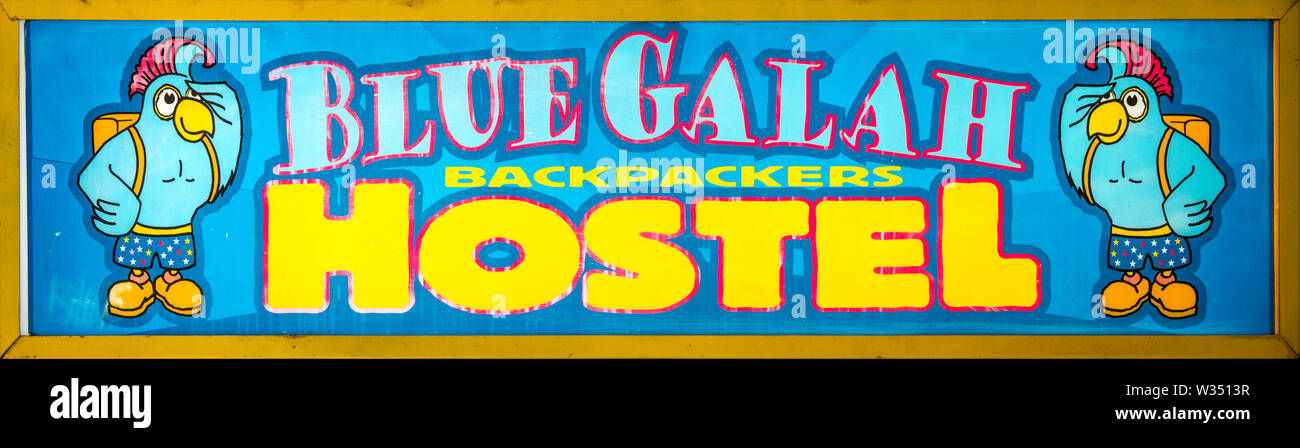 Signe pour le cacatoès Rosalbin Blue Backpackers Hostel sur King William Street, Adelaide, Australie du Sud, Australie Banque D'Images