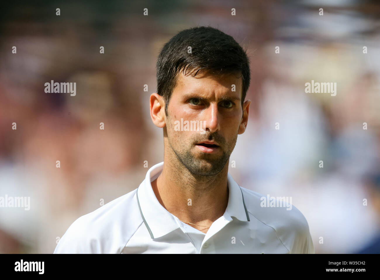 Wimbledon, Londres, Royaume-Uni. 12 juillet 2019. Novak Djokovic la Serbie au cours de l'masculin demi-finale des championnats de tennis de Wimbledon contre Roberto Bautista Agut d'Espagne à l'All England Lawn Tennis et croquet Club à Londres, Angleterre le 12 juillet, 2019. Credit : AFLO/Alamy Live News Banque D'Images