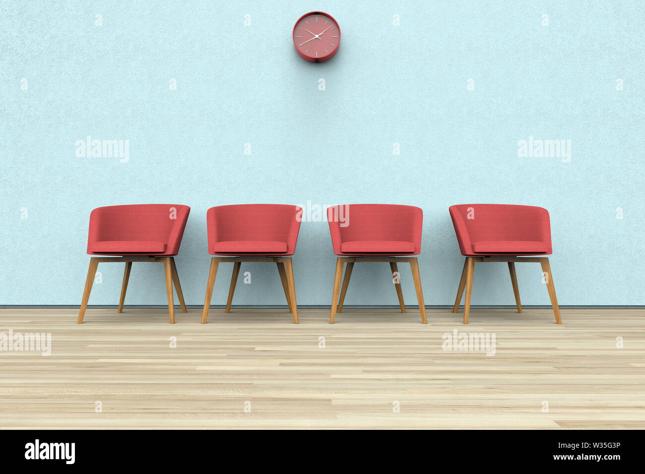Le rendu 3D de chaises et d'horloge dans une salle d'attente Banque D'Images