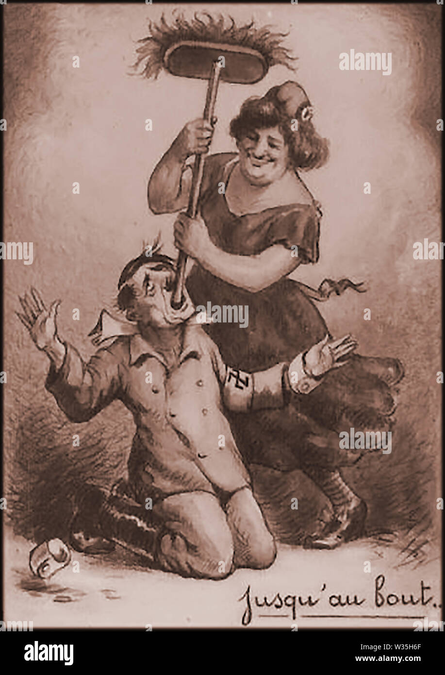 Carte postale française WWII prévoyant la fin de la guerre et montrant une femme française ordinaire d'estoc un pinceau dans la gorge d'Adolph Hitler. Banque D'Images
