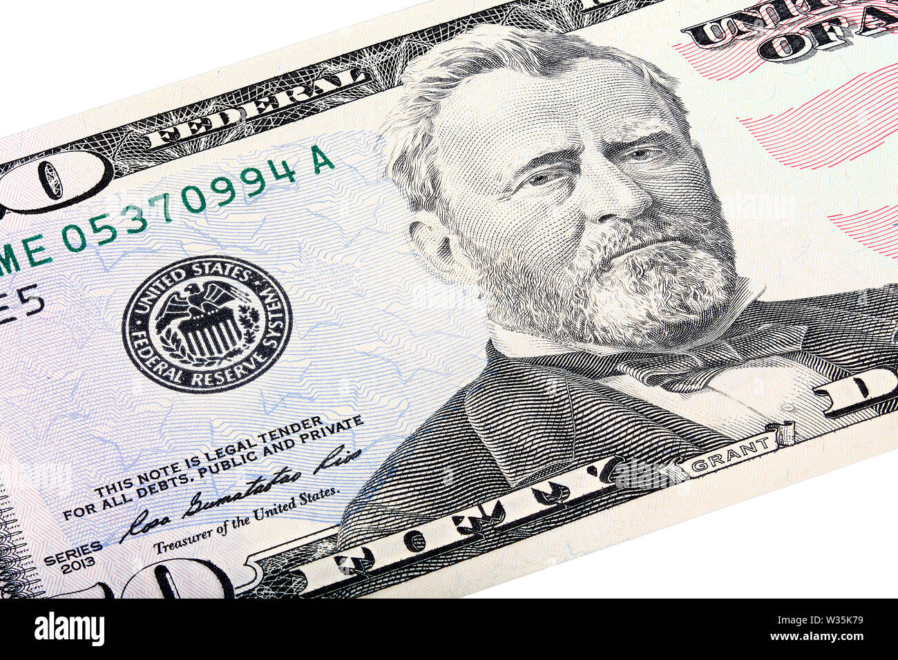 Empilés sur une cinquante Américains 50 dollar bill, close-up de fin de subvention du Système fédéral de réserve. Banque D'Images