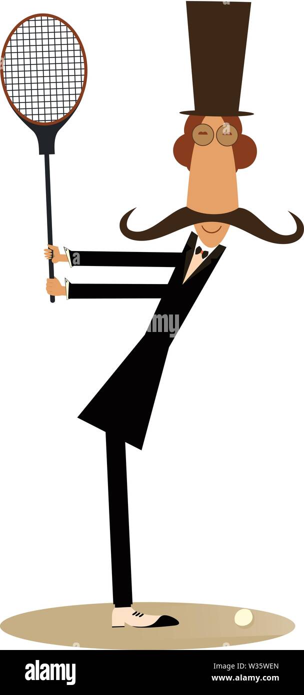 Monsieur joue au tennis.illustration isolé dans l'homme Moustache top hat joue au tennis isolated on white Illustration de Vecteur