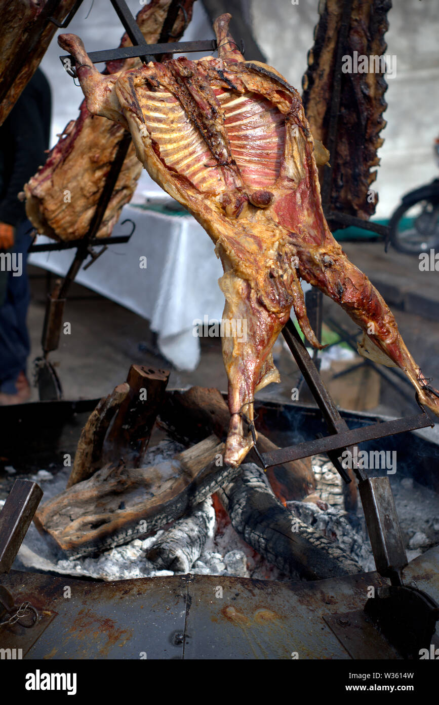 Un ensemble de cuisson de chèvre sur les flammes, sur un barbecue argentin typique. Banque D'Images