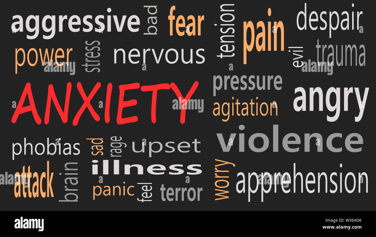 Concept d'anxiété nuage de mots sur un fond noir Banque D'Images