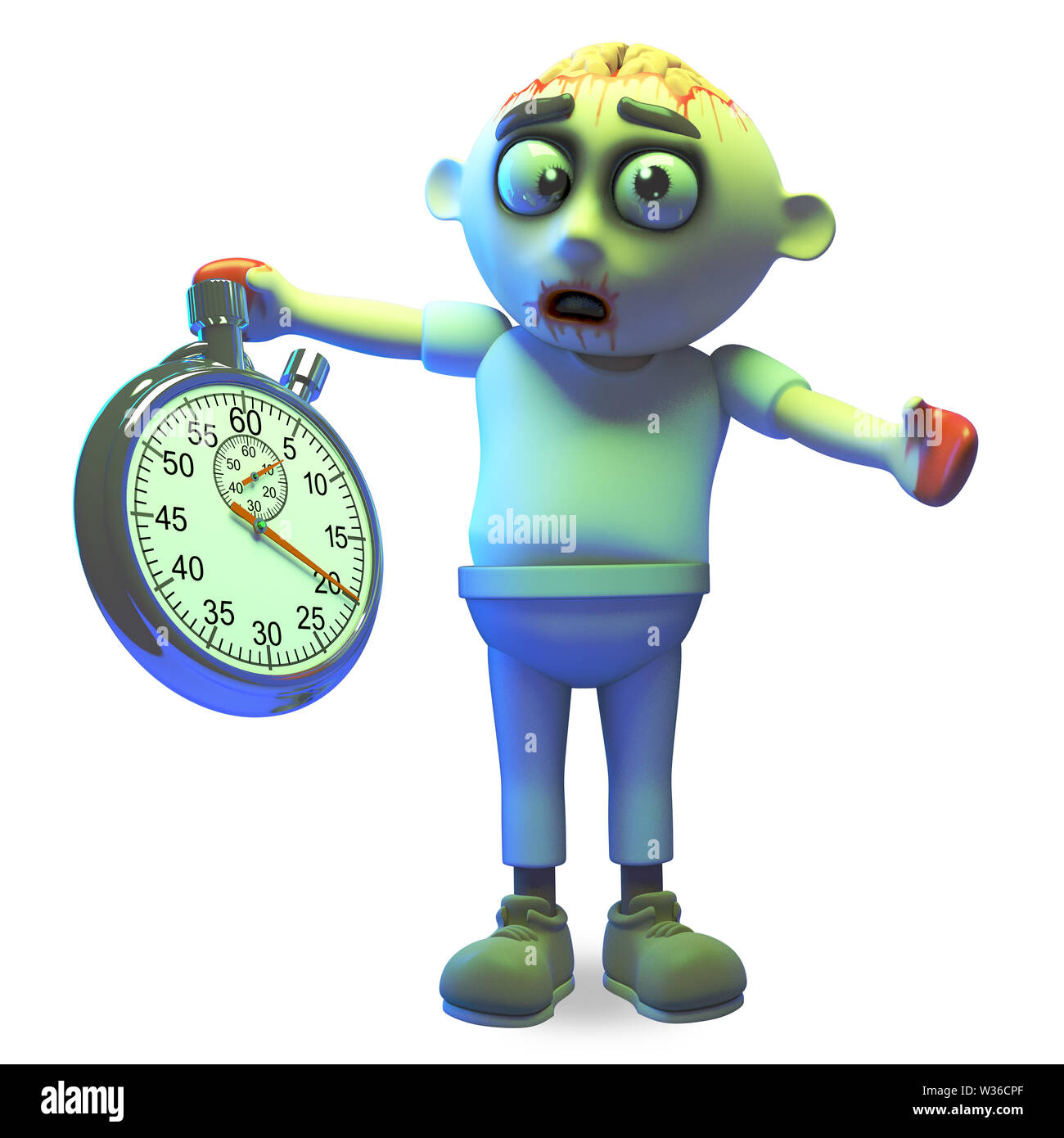 Zombie undead Cartoon monster s'inquiète sur le temps avec son chronomètre, illustration 3D render Banque D'Images