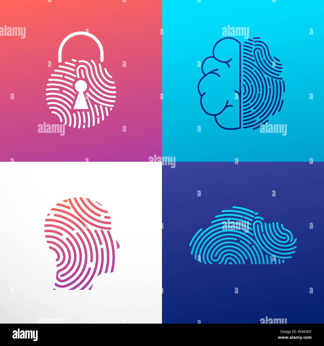 Logo des empreintes digitales, de la protection des renseignements personnels, la cybersécurité, les renseignements sur l'identité et la protection du réseau. Personne tête, cerveau, cloud et icônes de verrouillage. Icône vecteur Illustration de Vecteur