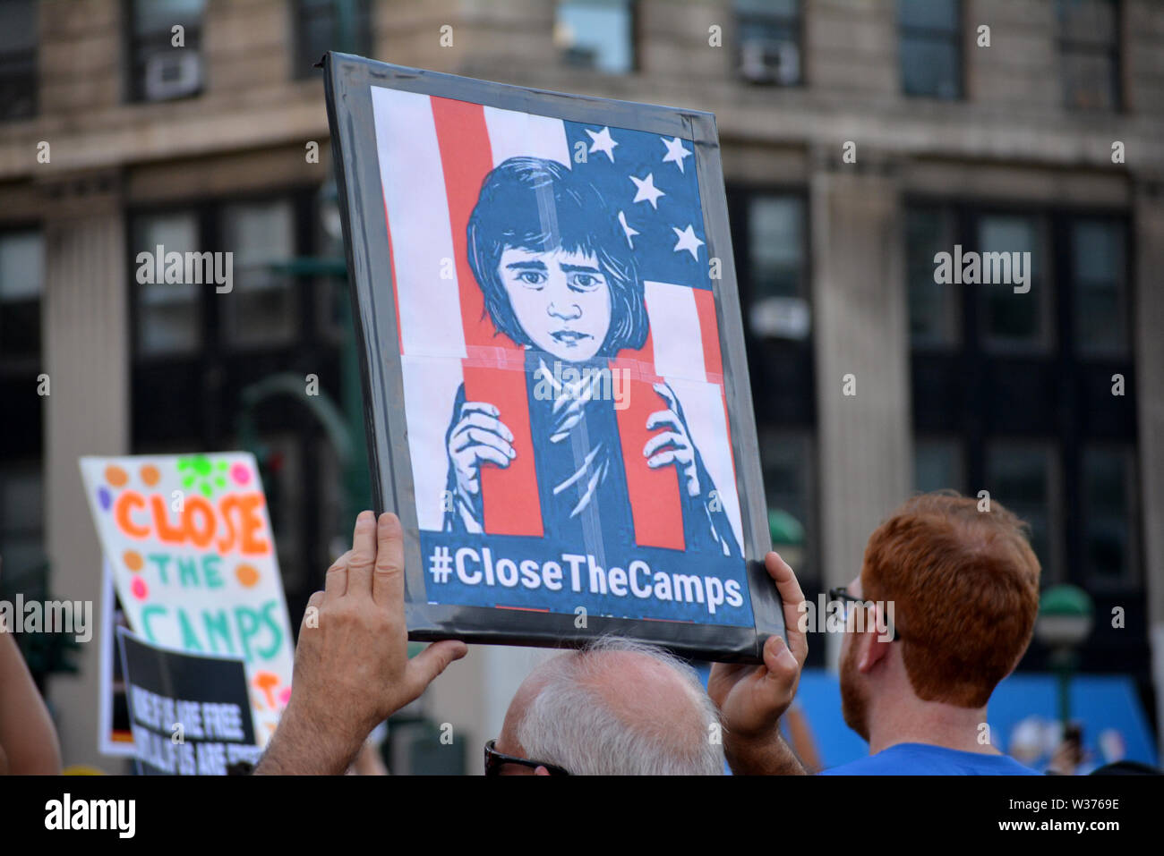 Protestation contre le Président'Atout de glace prévue des raids et son traitement des migrants à la frontière sud de la ville de New York. Banque D'Images