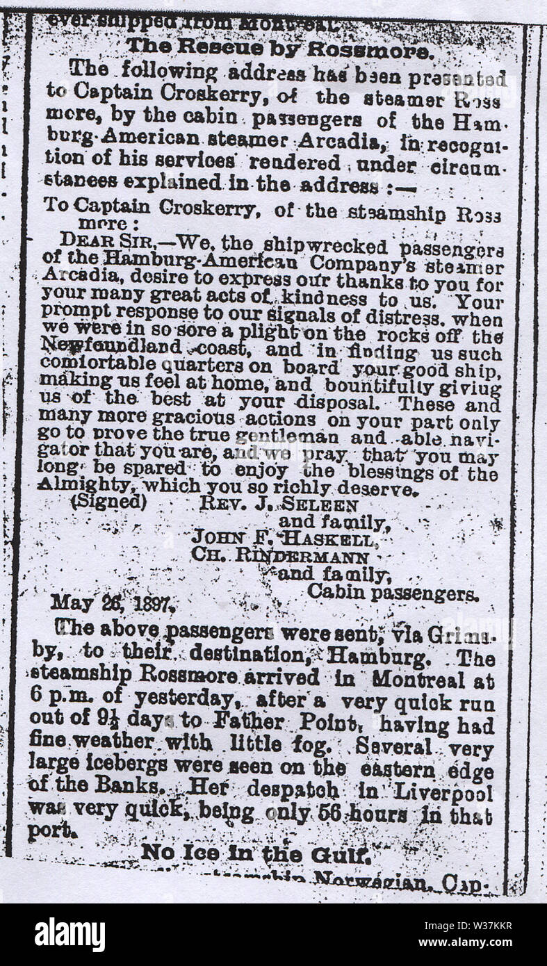 Le sauvetage de l'Arcadia (lettre) Banque D'Images