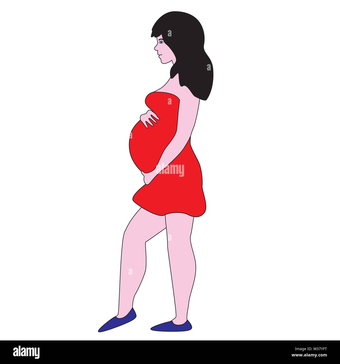 Femme enceinte et future maman en robe rouge isolé sur fond blanc. Illustration de Vecteur