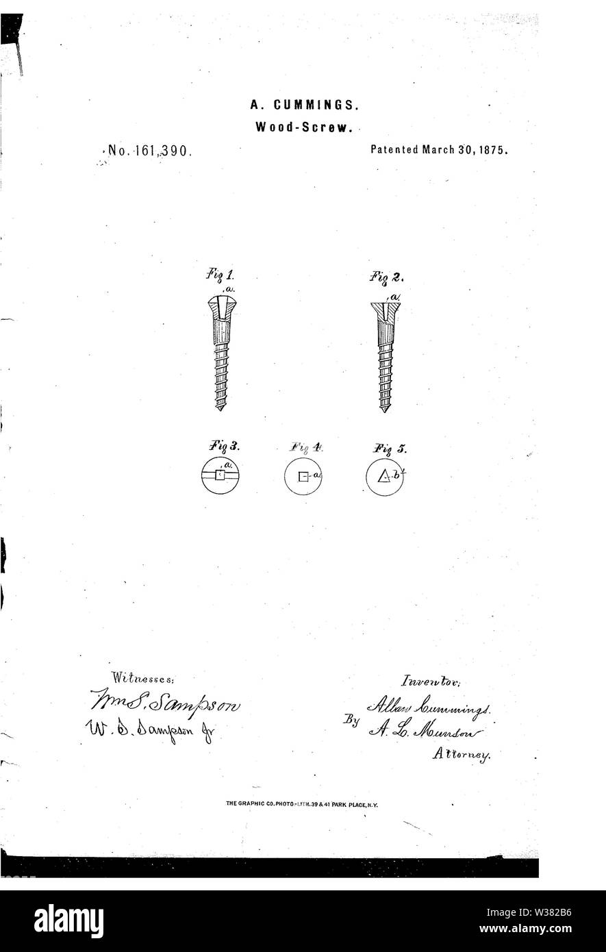 Brevet US 161390 Allan Cummings 1875 vis à bois durs Banque D'Images