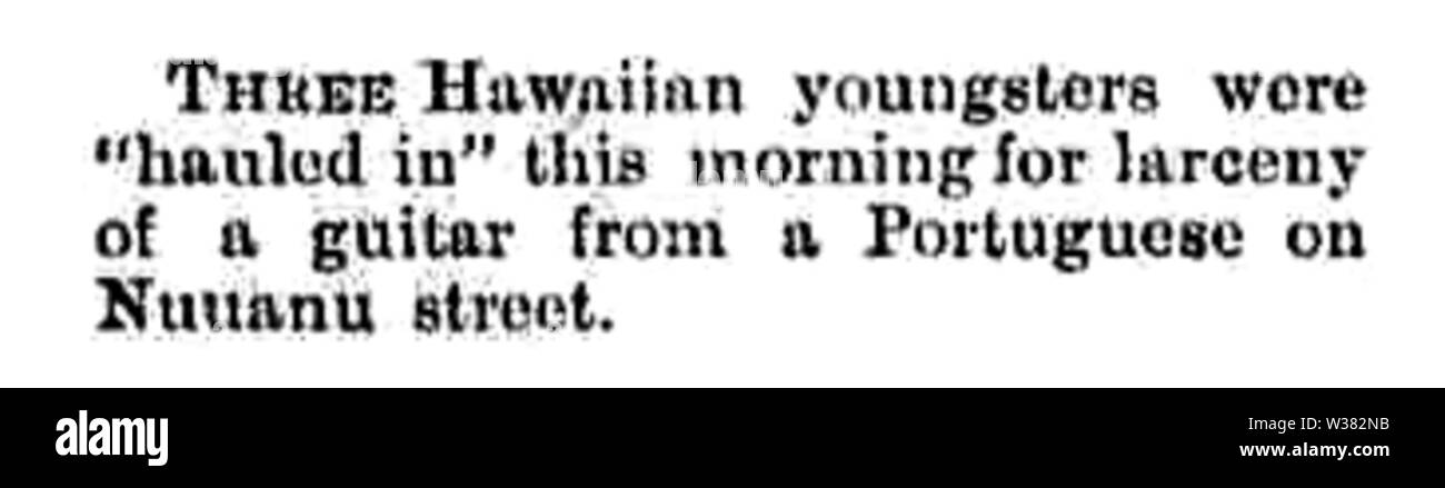 Trois jeunes ont été hawaïen 'transporté' ce matin pour vol d'une guitare à partir d'un Portugais sur Nuuanu street. Bulletin Quotidien, 21 juin 1888, Image Http://chroniclingamerica.loc.gov/lccn/sn82016412/1888-06-21/ed-1/seq-3/ 3 Le premier groupe d'immigrants portugais à Hawaii a inventé le ukulele après leur arrivée en août 1879 par la SS Ravenscrag. Ce navire compris ébénistes de l'île de Madère, qui a apporté le Medeiran machette. Dans leur nouveau pays, ukulele inventeurs Manuel Nunes, José do Espírito Santo et Augusto Dias a développé le ukulélé, et les Hawaïens a adopté (ukulel Banque D'Images