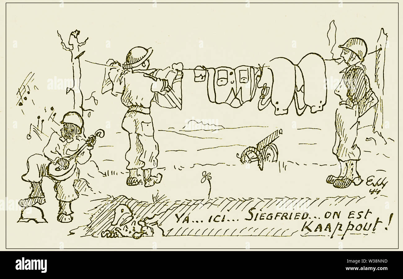 La DEUXIÈME GUERRE MONDIALE, le français de 1944 Carte postale montrant soldats britanniques et américains de traîner le lave-linge sur la ligne Siegfried, tandis qu'un Américain noir joue un banjo. Remarque Le soldat allemand se cachant dans la tranchée au fond Banque D'Images