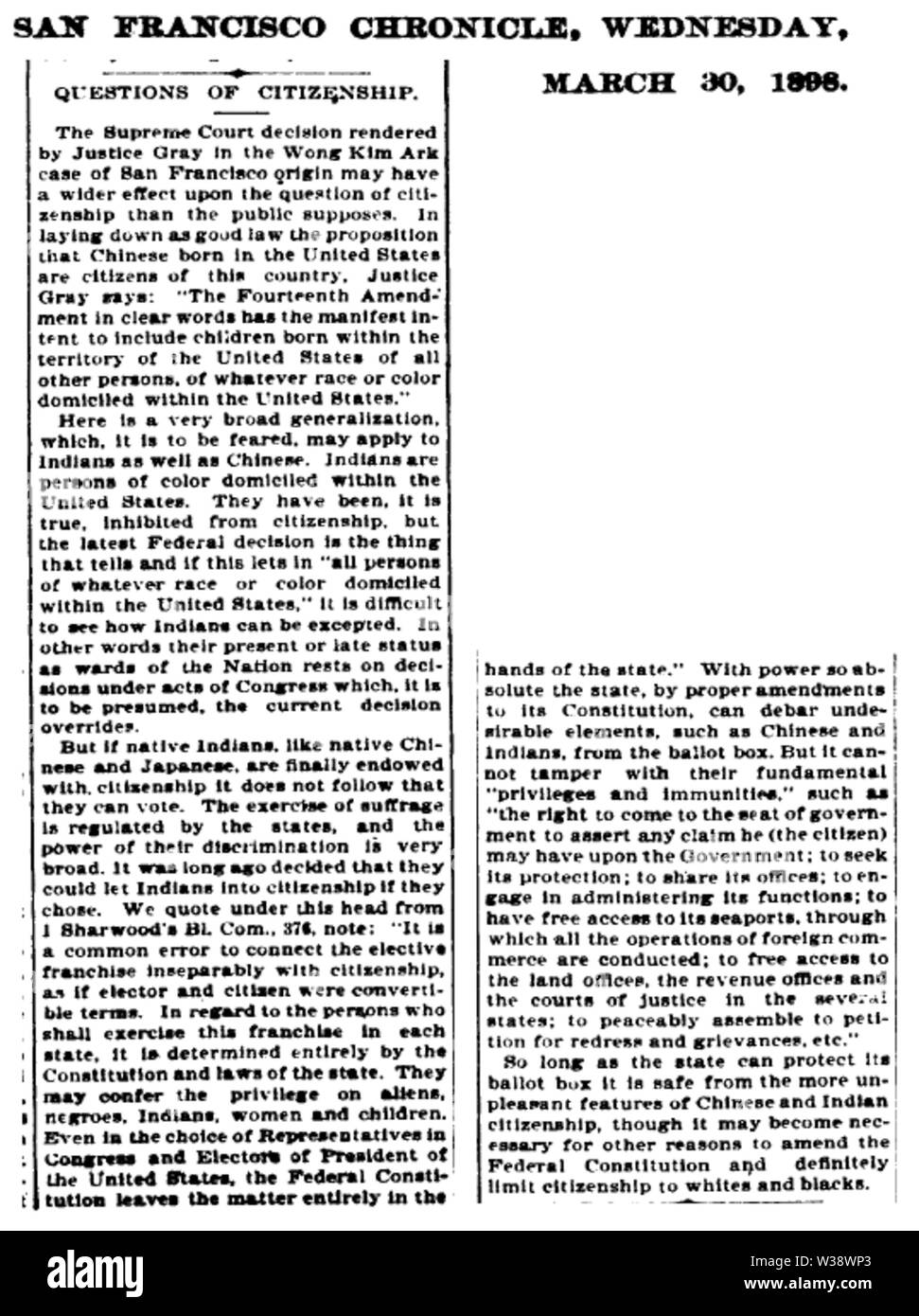 Wong Kim Arche editorial San Francisco Chronicle 1898-03-30 Banque D'Images