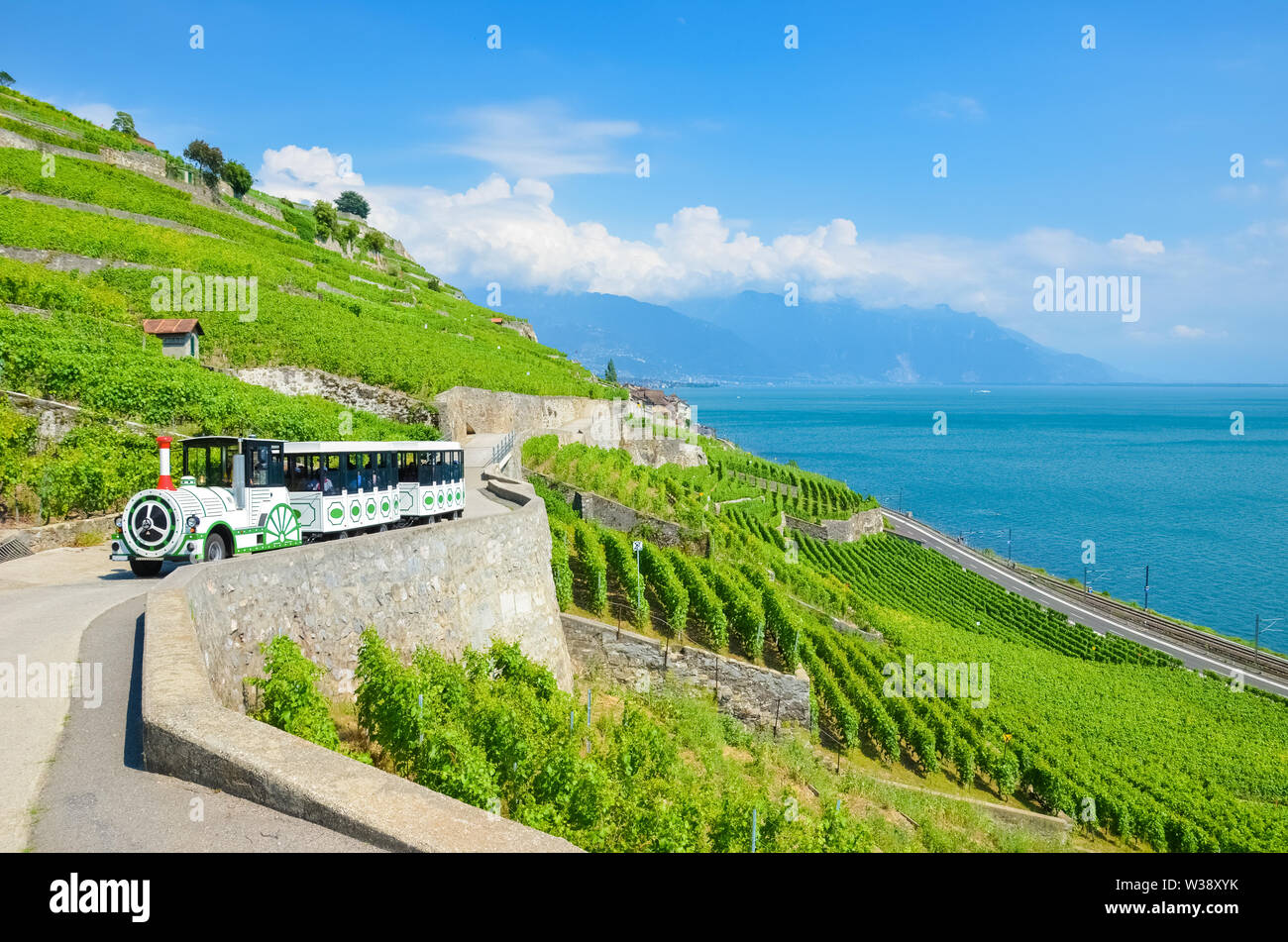 Train touristique auprès des touristes en voiture sur vignobles en terrasses par le lac de Genève, Suisse. Lac Léman Suisse est une destination de vacances populaire et attraction touristique. De beaux paysages. Nature extraordinaire. Banque D'Images