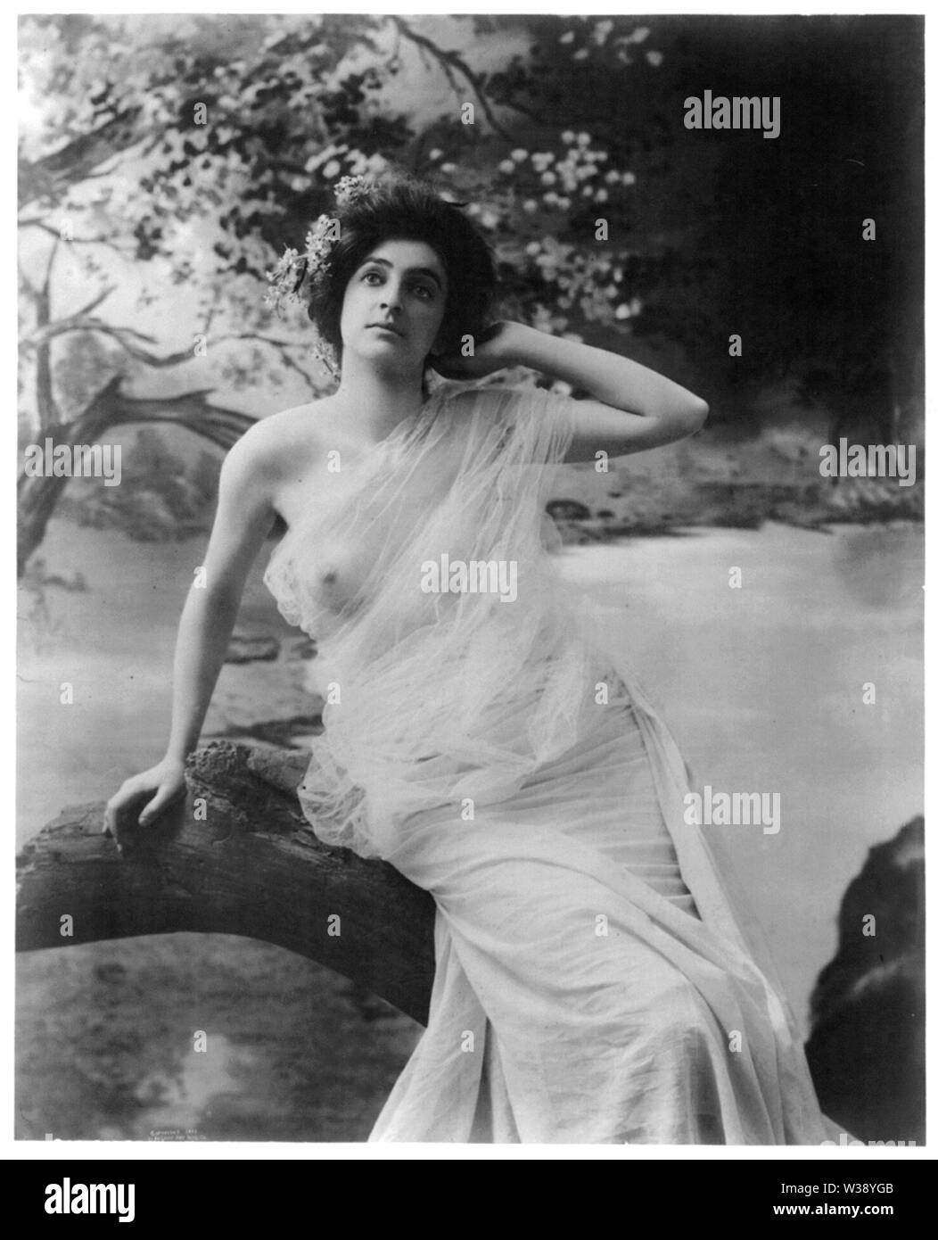 Jeune femme en robe vaporeuse posés assis sur log c 1903 Banque D'Images