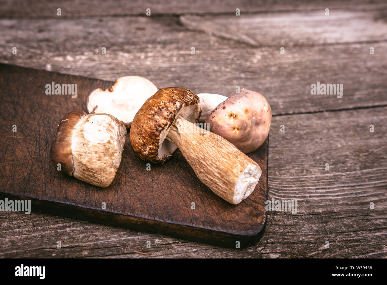 Types de délicieux champignons sauvages comestibles Brown sur planche en bois. Nature et aliments sains Concept. Banque D'Images