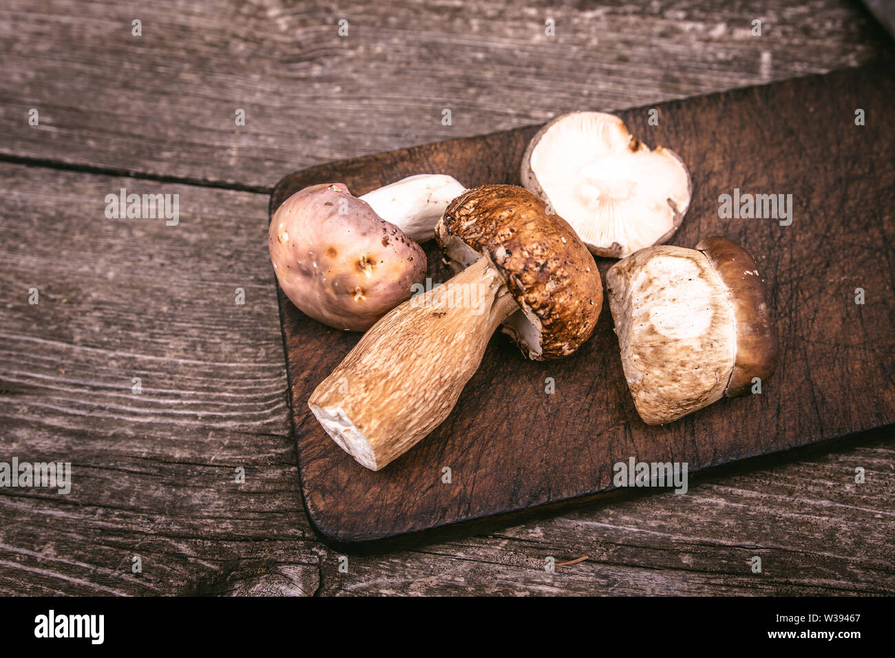 Types de délicieux champignons sauvages comestibles Brown sur planche en bois. Nature et aliments sains Concept. Banque D'Images