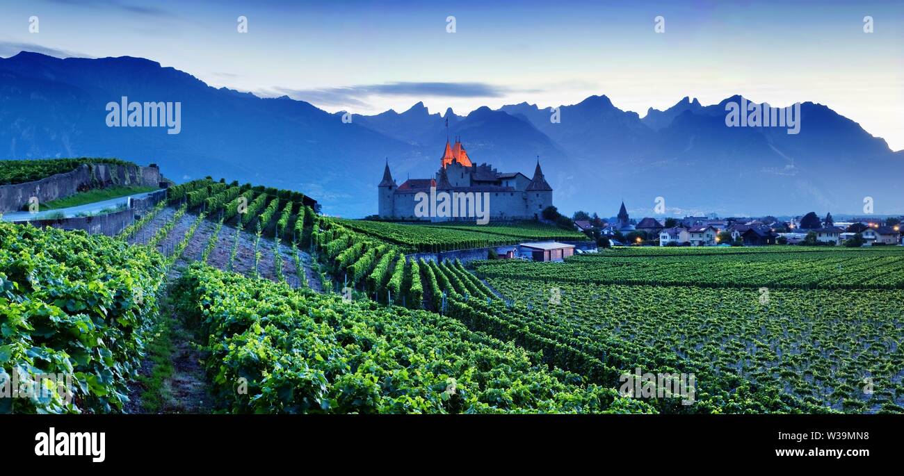 Célèbre château Château d'Aigle dans le canton de Vaud, Suisse. Le château d''Aigle donne sur les vignobles environnants et les Alpes. Saison d'été, Genève Banque D'Images