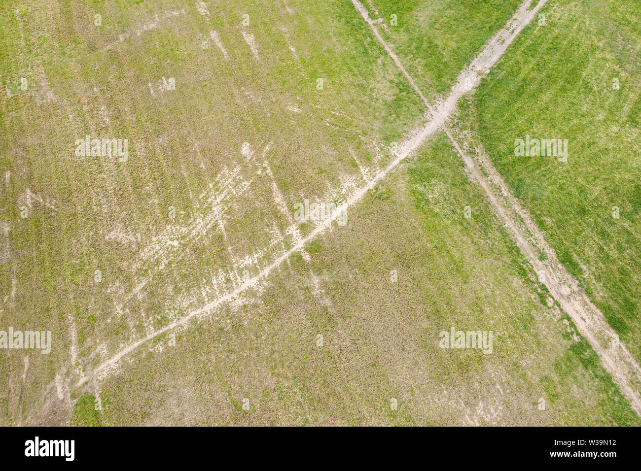 Vue de dessus de l'antenne de sentier en champ vert. pays chemin de terre entre les vertes prairies rurales de fond. Banque D'Images