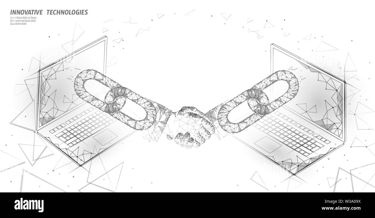 Blockchain technologie 3D poignée de main. L'accord de l'entreprise financement concept de contrat. Succès réseau web low poly modèle de page. International polygonale Illustration de Vecteur