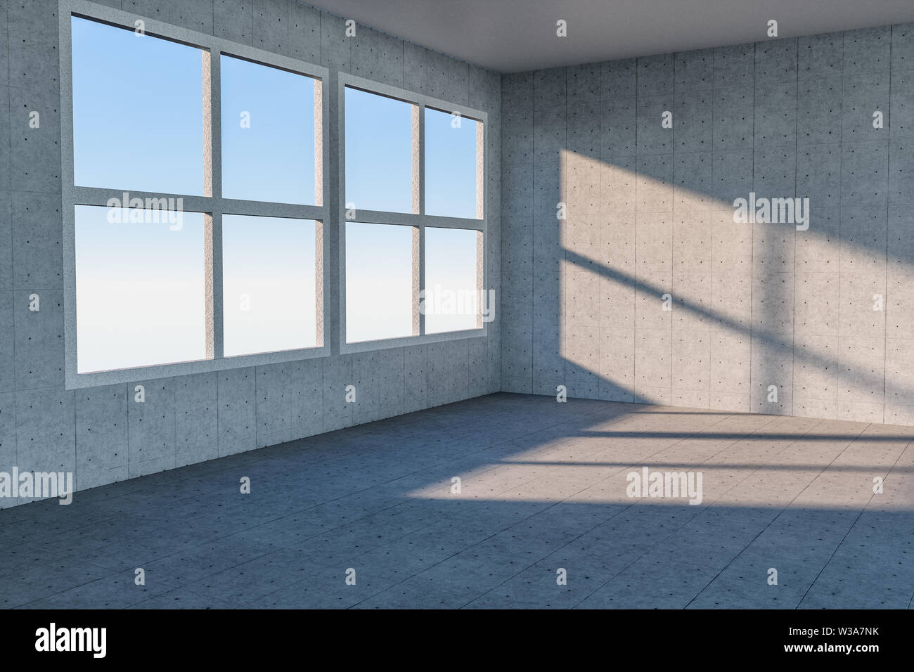 Nettoyage de la chambre et le soleil à partir de la fenêtre, rendu 3d. Dessin numérique de l'ordinateur. Banque D'Images Nettoyage de la chambre et le soleil à partir de la fenêtre, rendu 3d. Dessin numérique de l'ordinateur. Banque D'Images