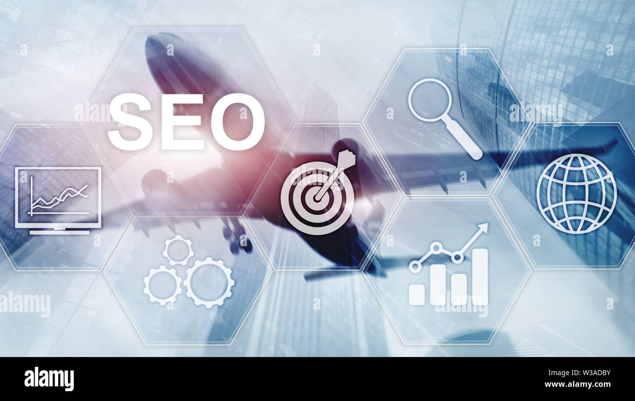 SEO - optimisation des moteurs de recherche, le marketing numérique et la technologie d'internet concept sur arrière-plan flou Banque D'Images