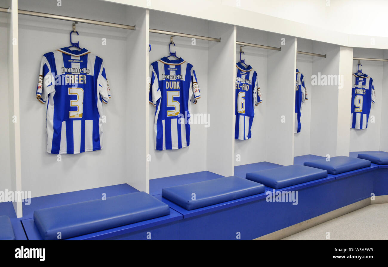 Vestiaires du stade communautaire American Express, stade de Brighton et du Hove Albion football Club, East Sussex, Royaume-Uni. Banque D'Images Vestiaires du stade communautaire American Express, stade de Brighton et du Hove Albion football Club, East Sussex, Royaume-Uni. Banque D'Images