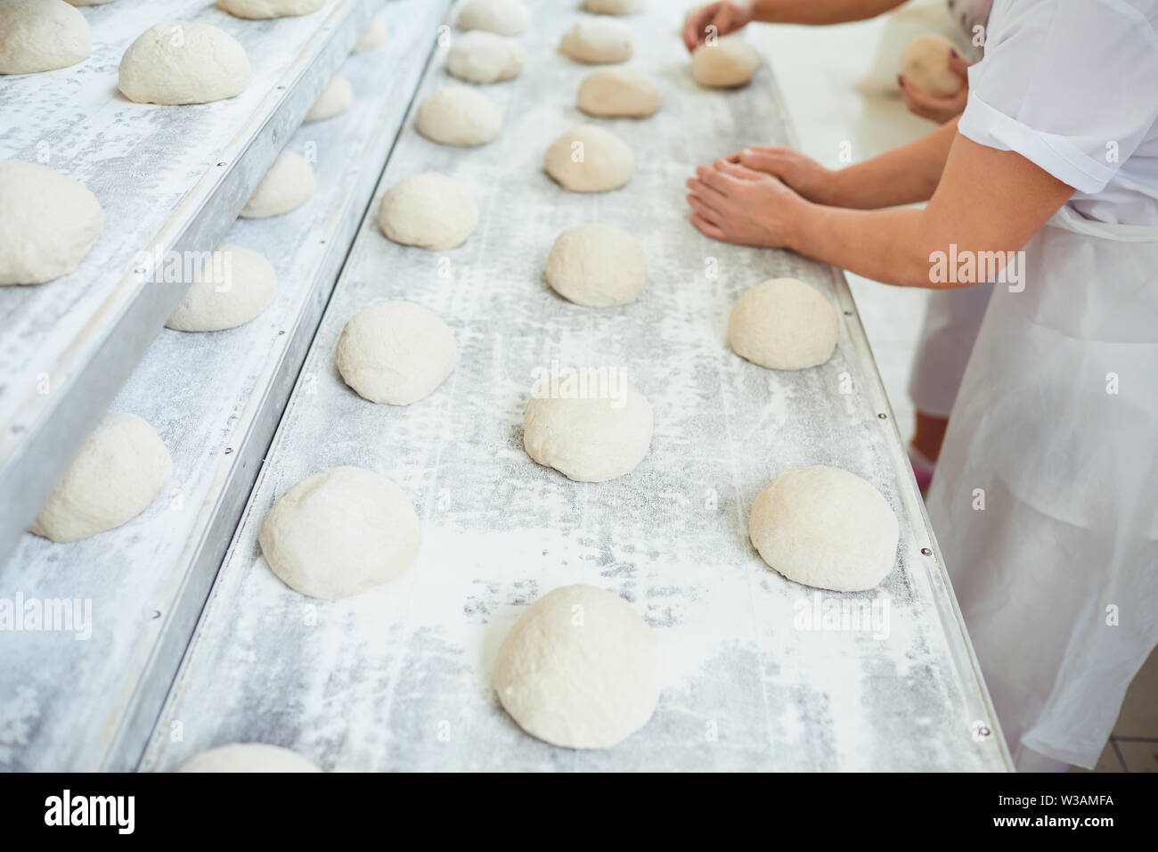 Les femmes anonymes en uniforme blanc en forme de petits pains pâte souple tout en travaillant dans une boulangerie industrielle Banque D'Images