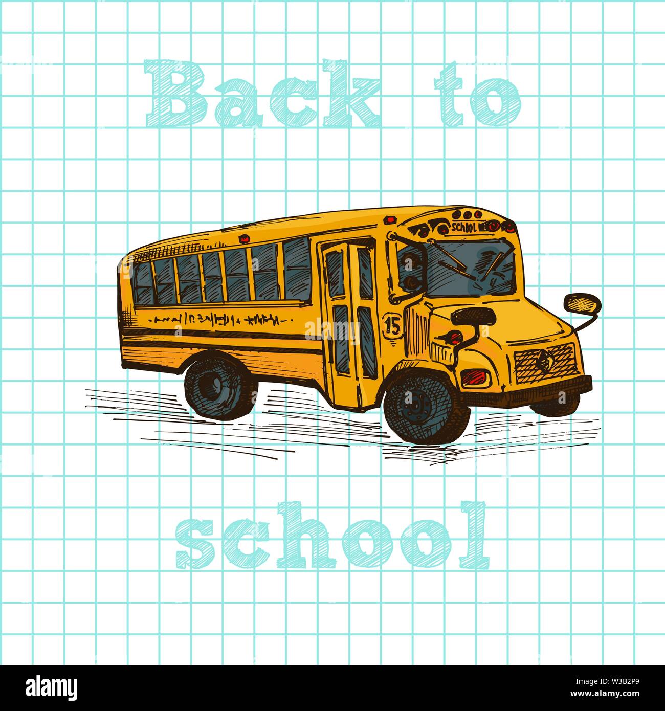 Autobus scolaire jaune dessiné à la main sur le symbole de l'ordinateur portable de la cellule arrière-plan transparent. Avec texte Retour à l'école. Vintage background. Bonne idée pour chalkboard Illustration de Vecteur