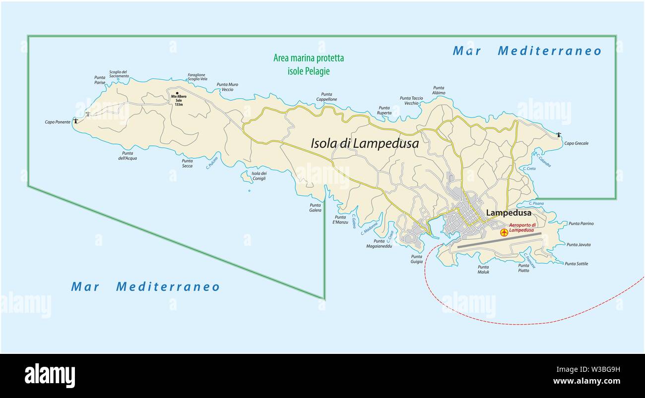 Carte routière de l'île méditerranéenne italienne Lampedusa Italie Illustration de Vecteur