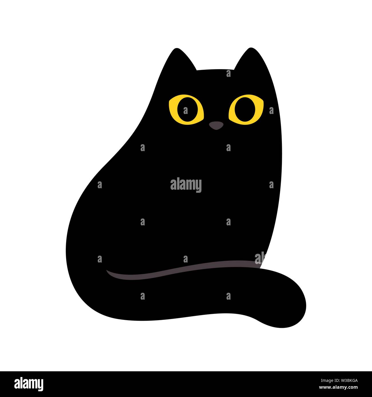 Cartoon chat noir avec des yeux jaunes. Simple et minimal dessin chat assis, cute vector illustration. Illustration de Vecteur