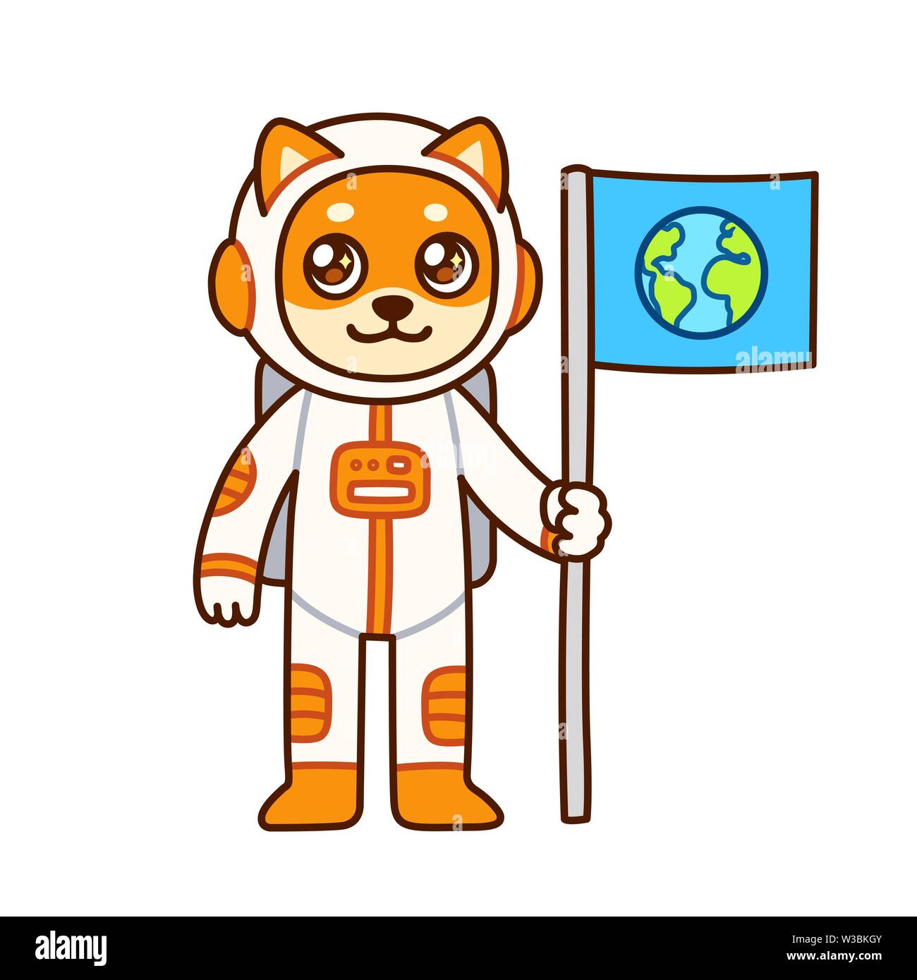 Cute cartoon caractère astronaute chien avec drapeau de la Terre. Funny l'exploration de l'espace dessin pour les enfants. Vector clip art illustration isolé. Illustration de Vecteur
