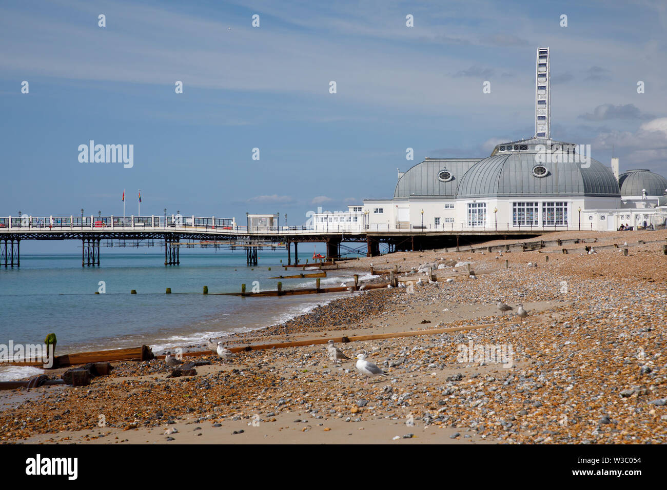 WORTHING, Royaume-Uni - 13 juillet 2019 : les goélands sont assis sur le pebbel beach en face de la jetée de Worthing dans art déco Banque D'Images