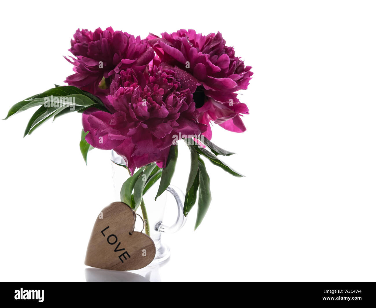 Les Pivoines dans un vase de verre isolé sur fond blanc. Cadeau romantique Banque D'Images