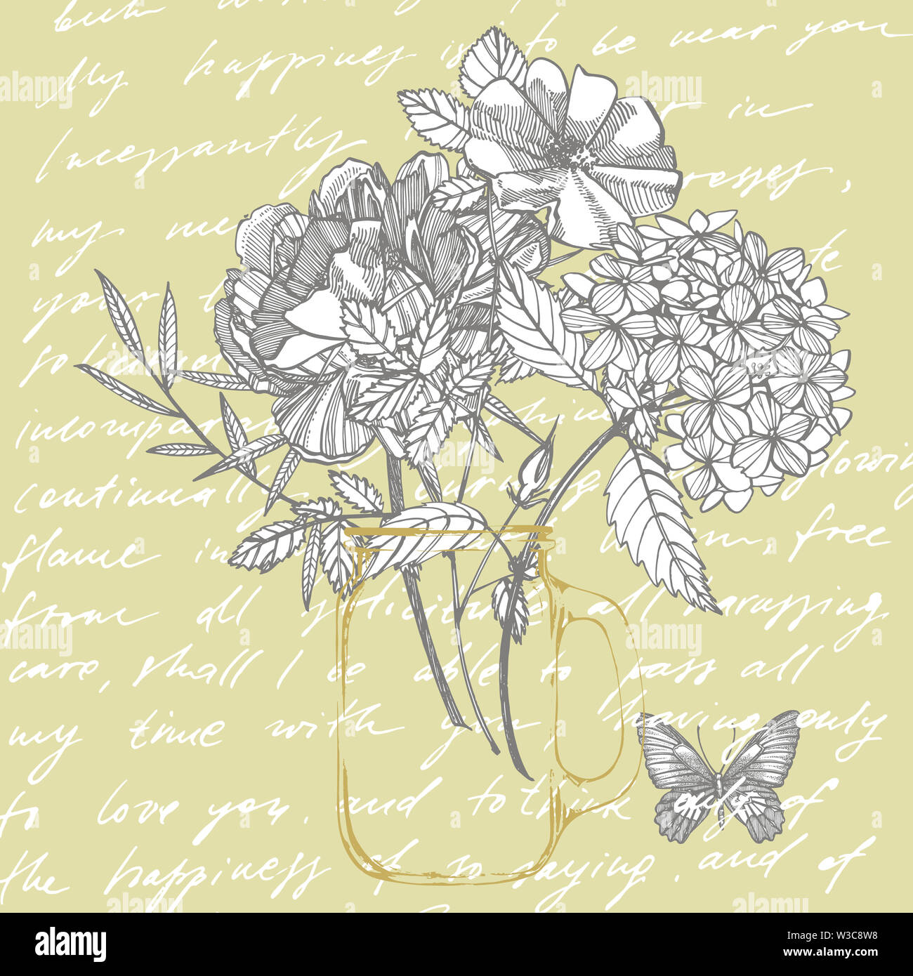 Bouquet. Les fleurs du printemps et de brindilles. Les Pivoines, Hortensia, Rose. Vintage illustration botanique. Le noir et blanc ensemble d'encombrement barbeaux, floral elemen Banque D'Images