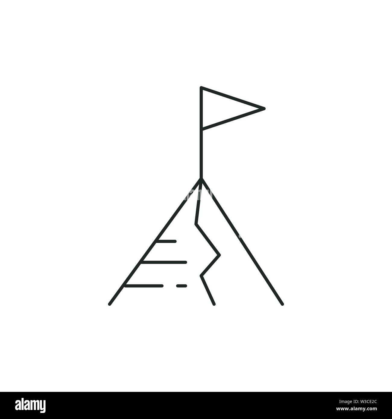 Drapeau sur l'icône de la ligne mountain top, contour vector signe, style linéaire Les pictogrammes isolé sur blanc. Réalisation logo, symbole de l'illustration. Avc. modifiable Illustration de Vecteur