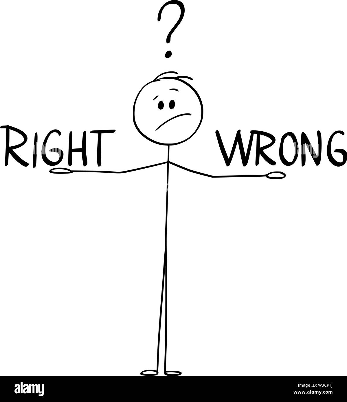 Vector cartoon stick figure dessin illustration conceptuelle de l'homme ou homme d'équilibre entre le bien et le mal sur ses mains et d'y penser. Illustration de Vecteur