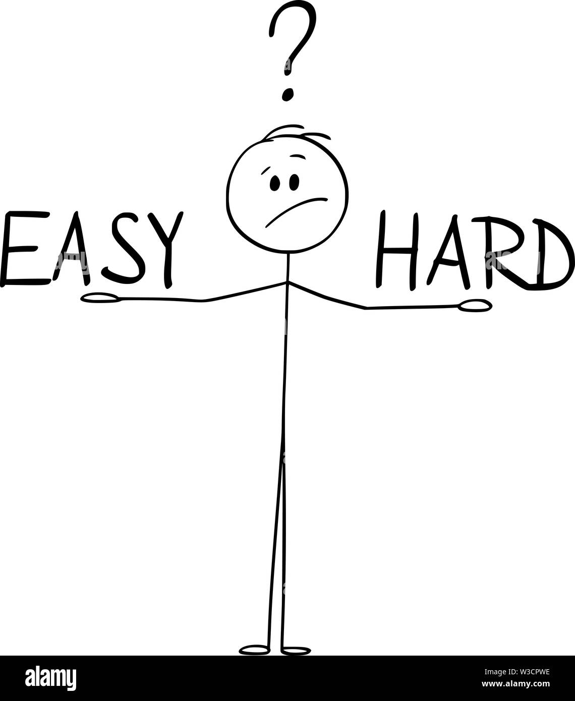 Vector cartoon stick figure dessin illustration conceptuelle de l'homme ou homme facile et équilibrage hard ways sur ses mains et d'y penser. Illustration de Vecteur