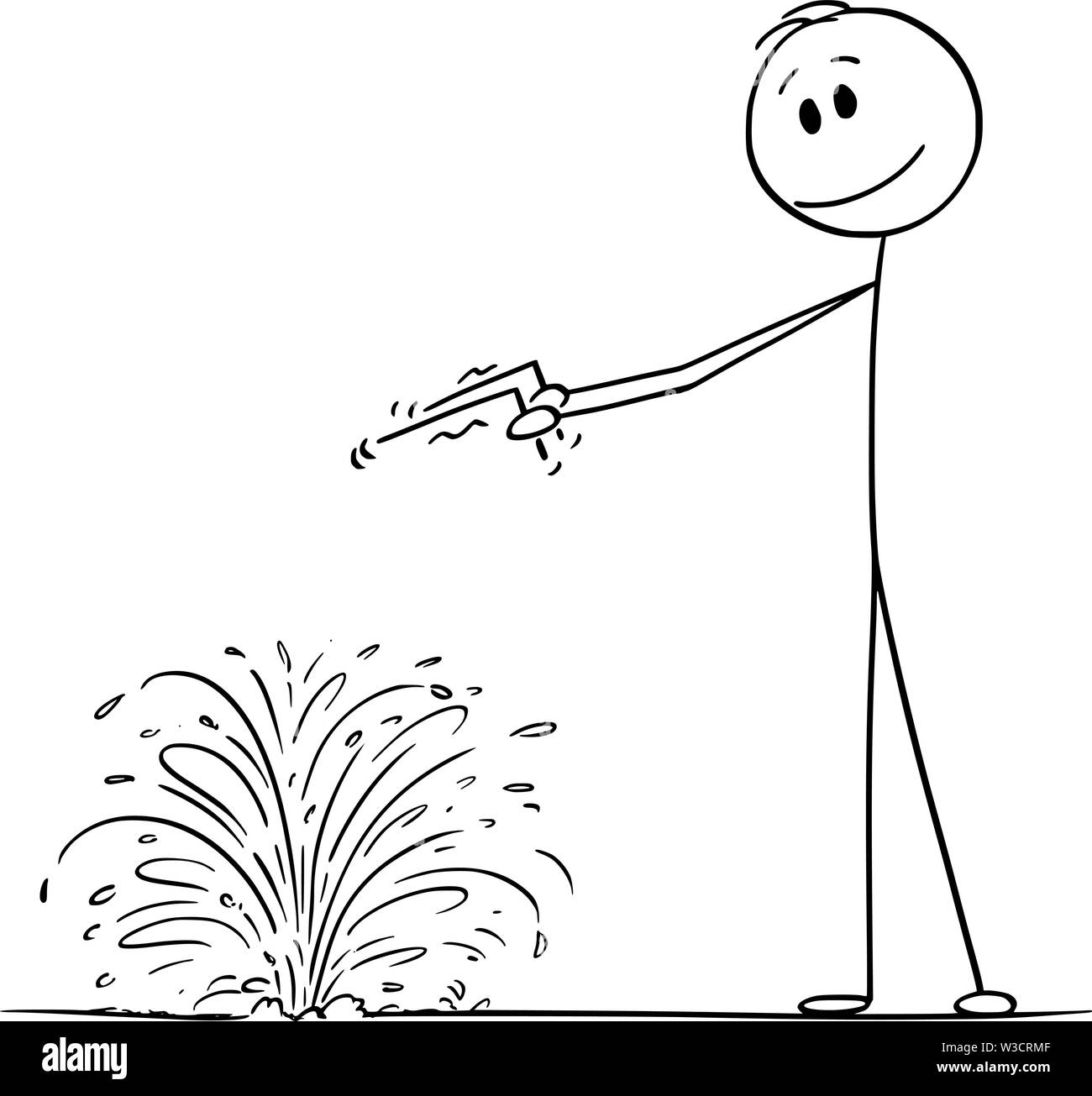 Vector cartoon stick figure dessin illustration conceptuelle de devin ou sourcier à la recherche d'eau dans le sol. Illustration de Vecteur