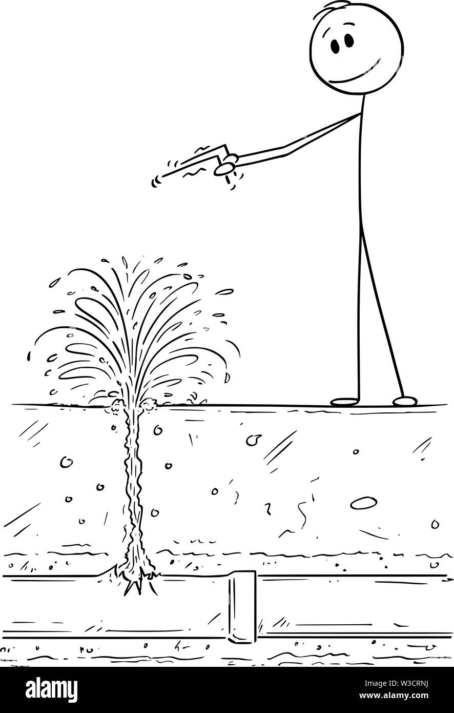 Vector cartoon stick figure dessin illustration conceptuelle de devin ou sourcier à la recherche d'eau dans le sol, mais n'a trouvé au lieu broken pipe. Illustration de Vecteur
